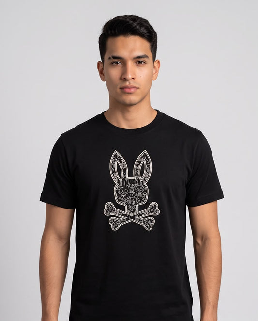 Camiseta negra Psycho Bunny conejo mini calaveras, vista frontal