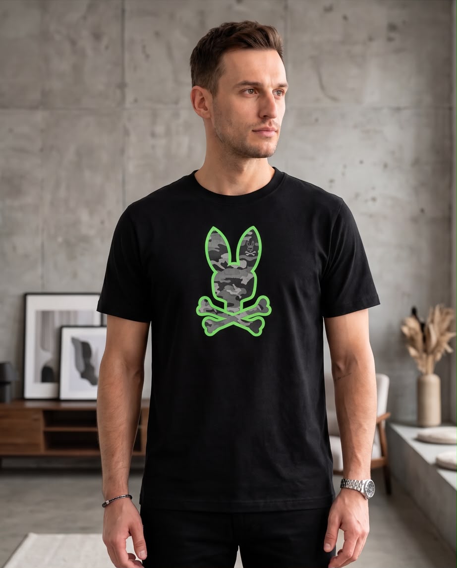 Detalle del conejo camuflado gris con borde verde neón