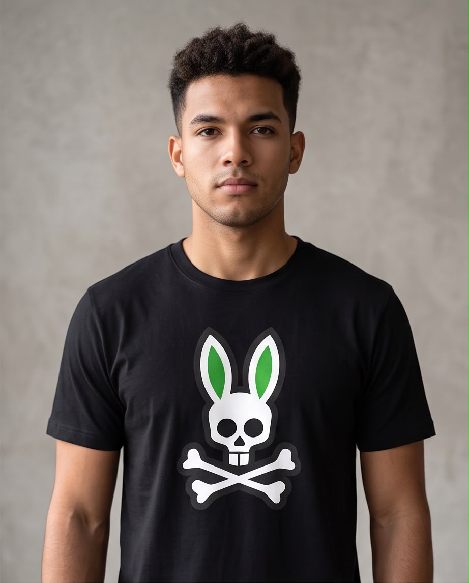 Camiseta negra Psycho Bunny conejo blanco orejas verdes, vista lateral