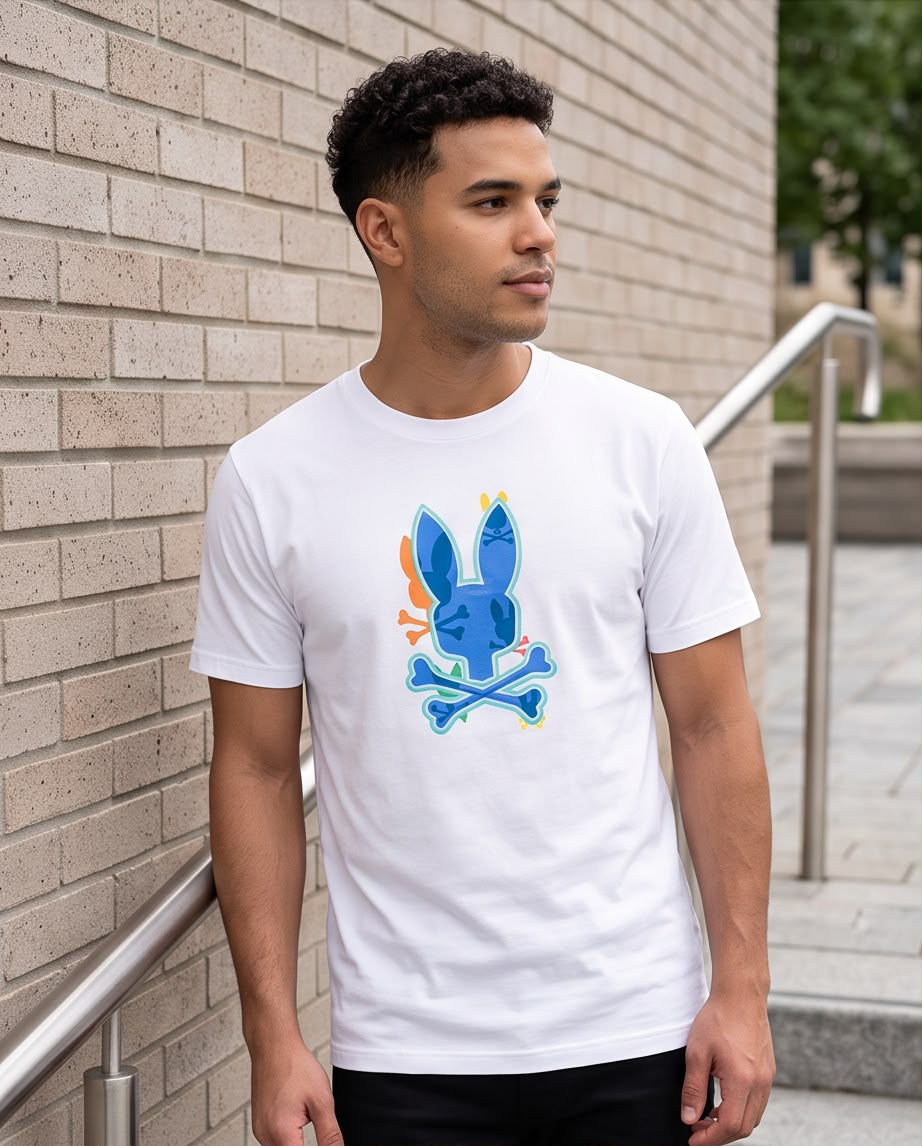Camiseta Psycho Bunny blanca con conejo azul multicolor, vista lateral