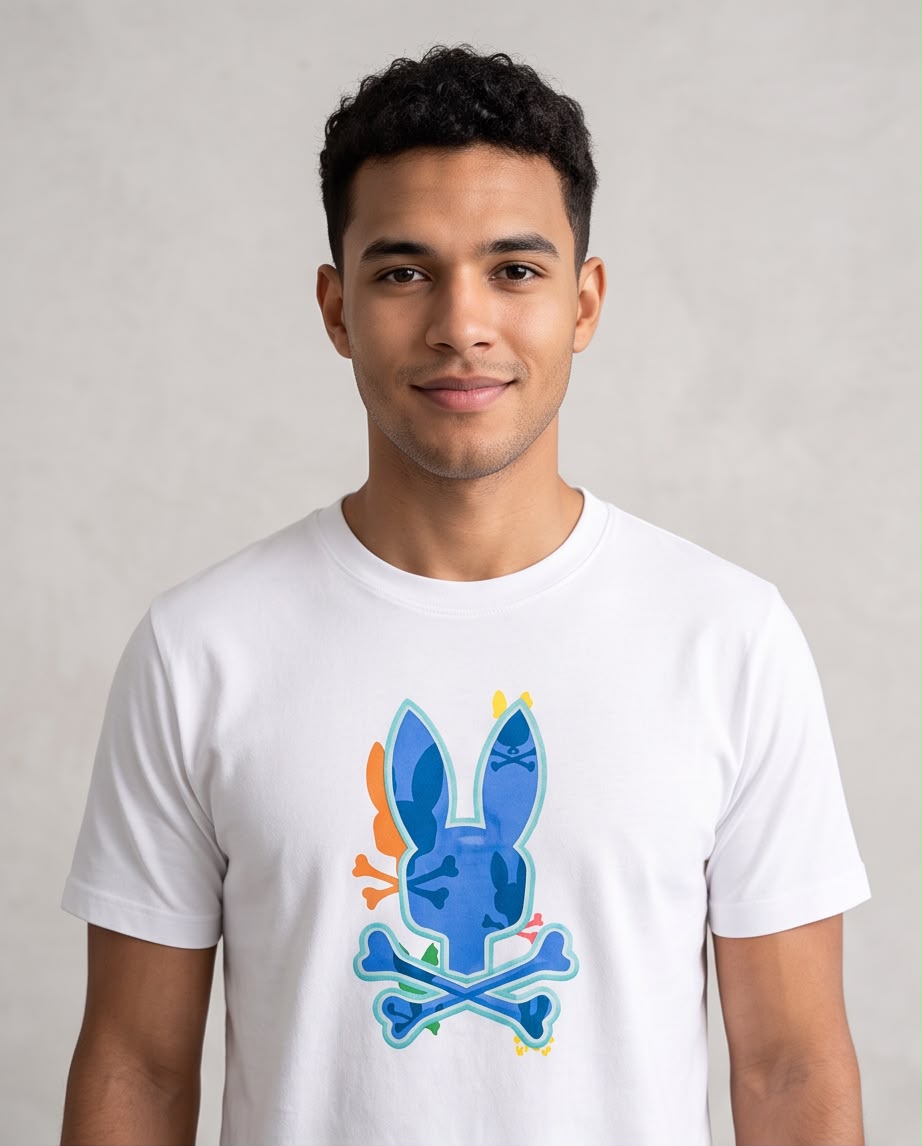 Camiseta Psycho Bunny blanca con conejo azul multicolor, vista exterior