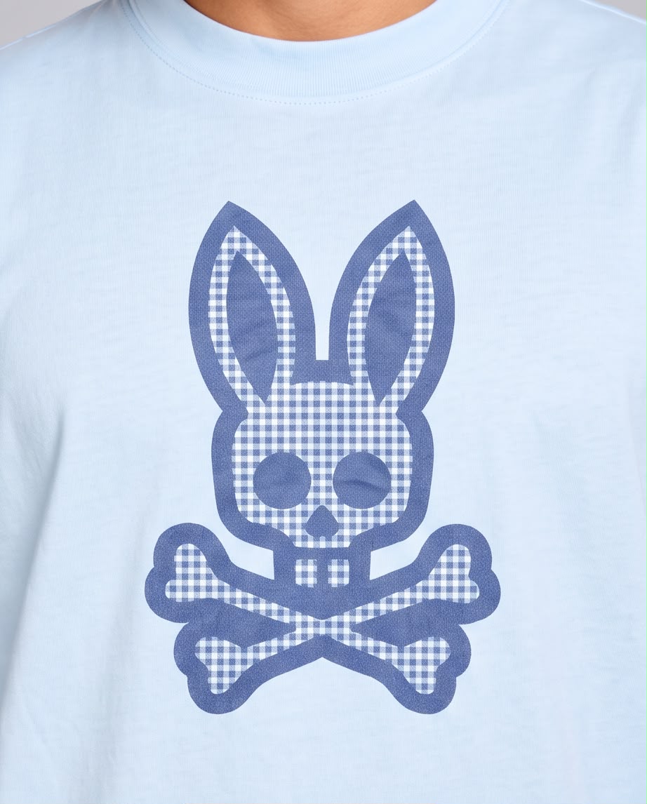 Camiseta Psycho Bunny Conejo a Cuadros azul claro, cuerpo completo