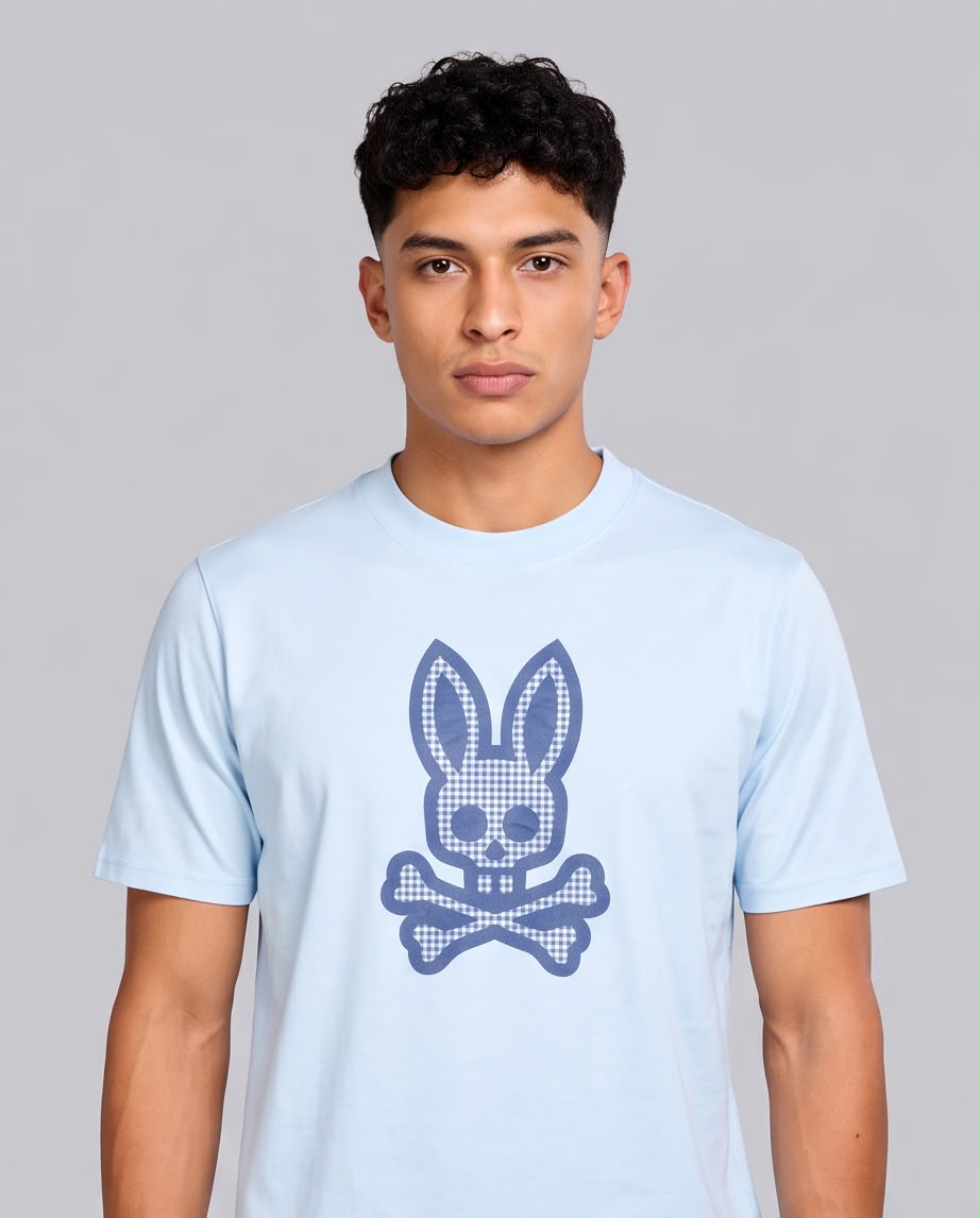 Detalle del conejo a cuadros blancos y azules sobre camiseta azul claro