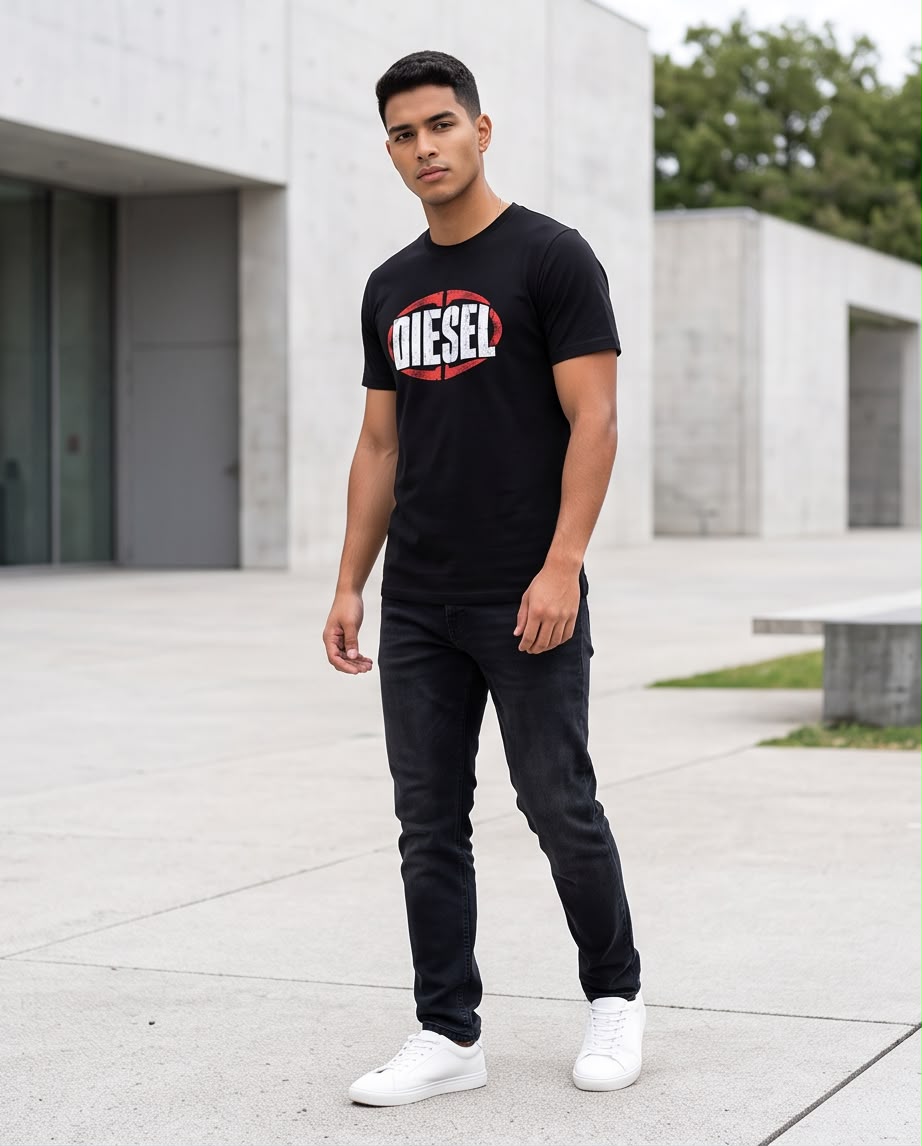 Camiseta Diesel Óvalo Rojo Desgastado negra, vista casual exterior
