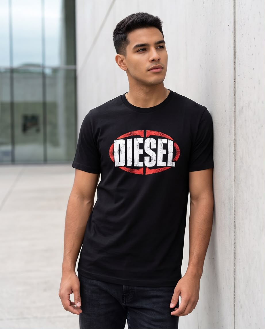 Detalle del estampado Diesel blanco con óvalo rojo desgastado