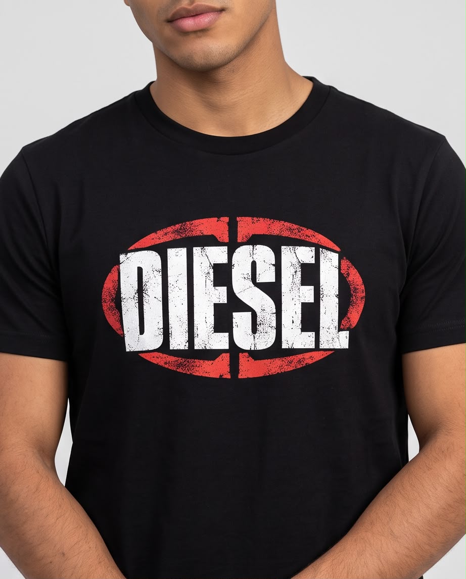 Camiseta Diesel Óvalo Rojo Desgastado negra, vista frontal