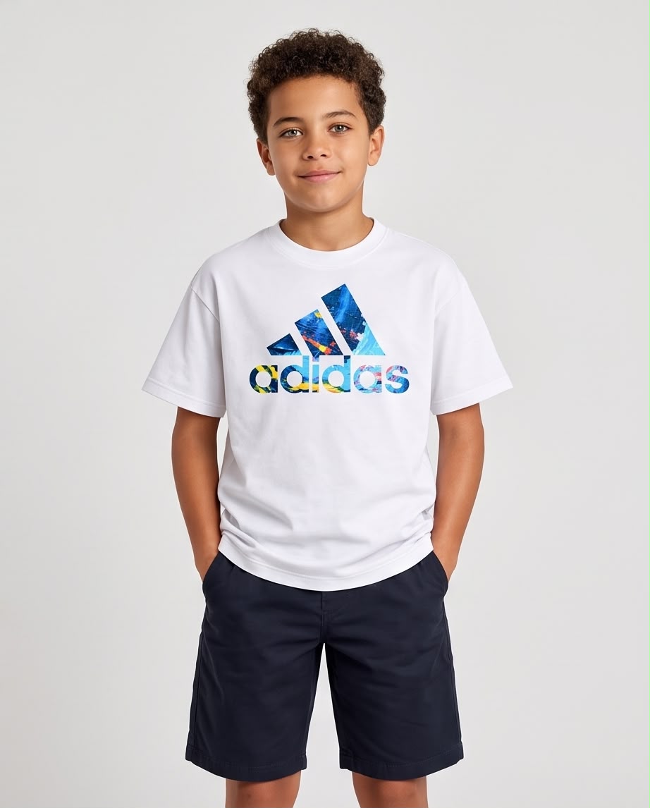 Camiseta Niño Adidas Logo Multicolor Blanca Semi Oversize