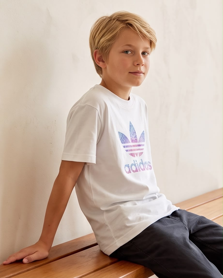 Camiseta Niño Adidas Trébol Mandala Degradado Blanca Semi Oversize