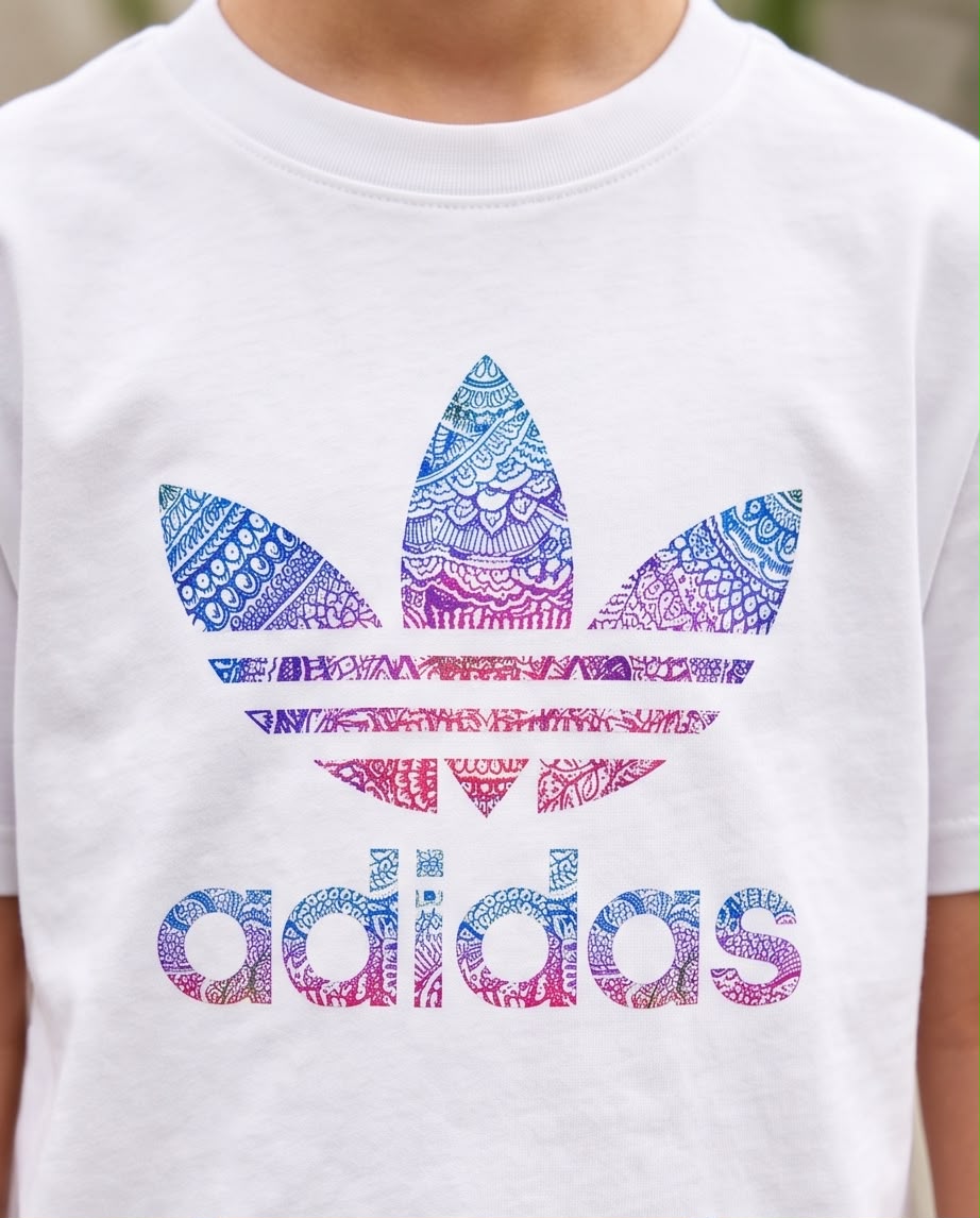 Camiseta Niño Adidas Trébol Mandala Degradado Blanca Semi Oversize