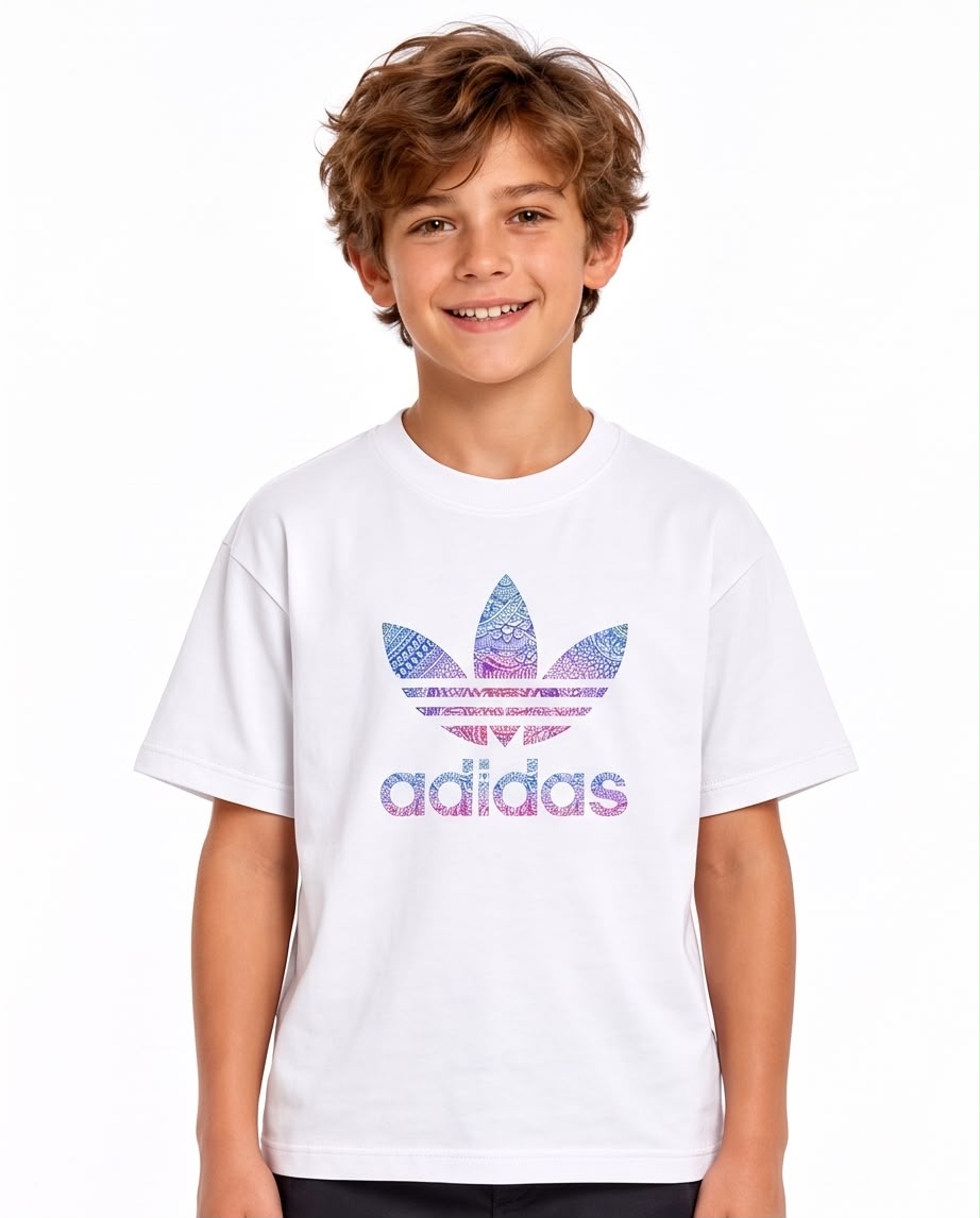 Camiseta Niño Adidas Trébol Mandala Degradado Blanca Semi Oversize