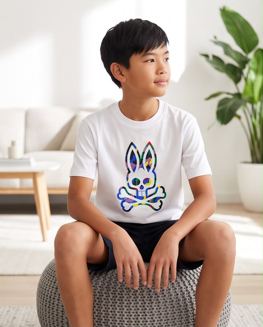 Camiseta Niño Conejo Camuflado Multicolor Blanca Semi Oversize