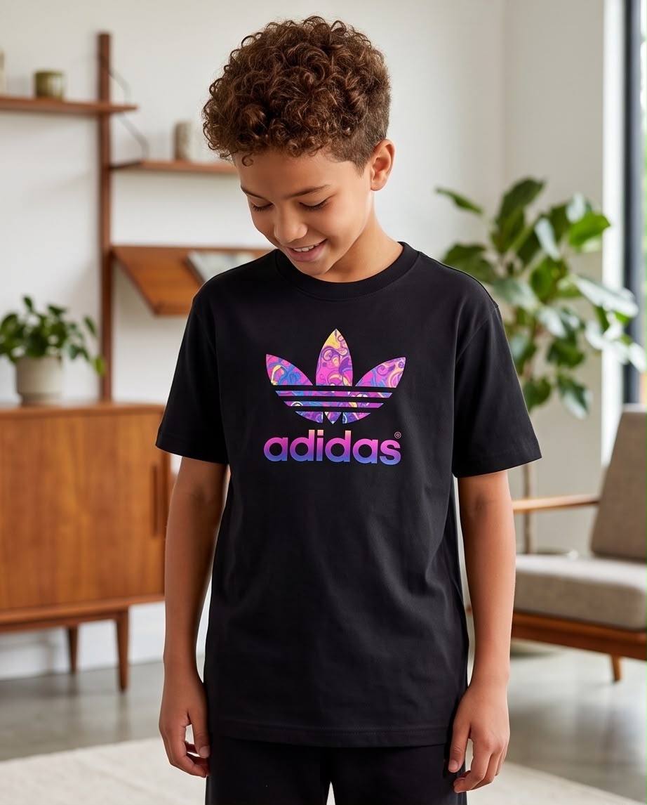 Camiseta Niño Adidas Trébol Paisley Multicolor Negra Semi Oversize