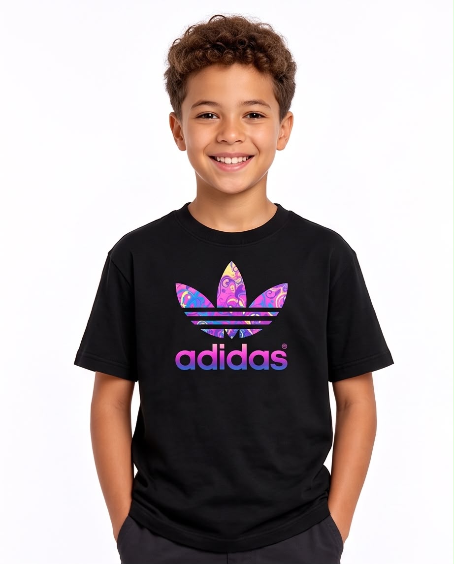 Camiseta Niño Adidas Trébol Paisley Multicolor Negra Semi Oversize