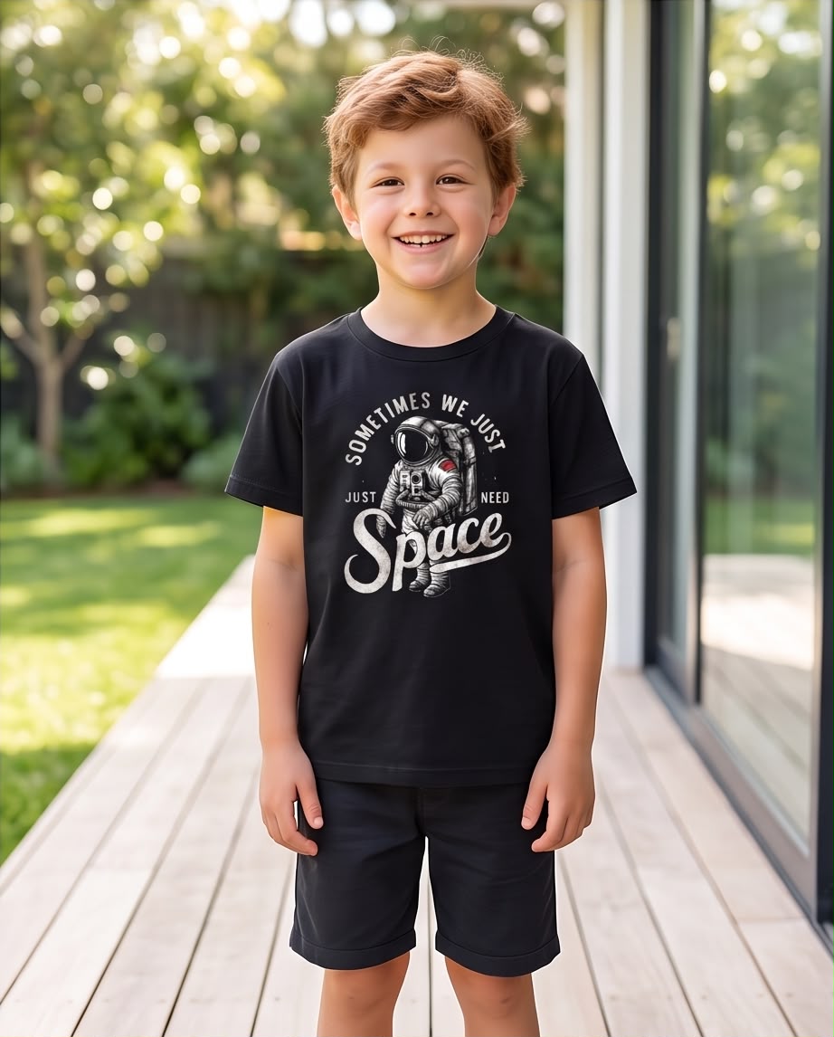 Camiseta Niño Sometimes We Just Need Space Astronauta Negra Semi Oversize