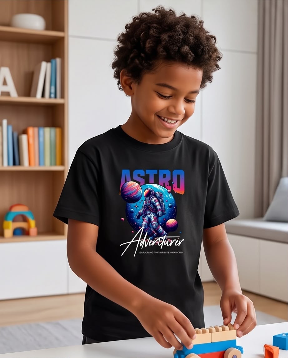 Camiseta Niño Astro Adventurer Astronauta Negra Semi Oversize