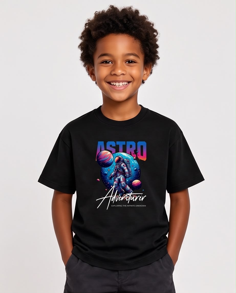 Camiseta Niño Astro Adventurer Astronauta Negra Semi Oversize