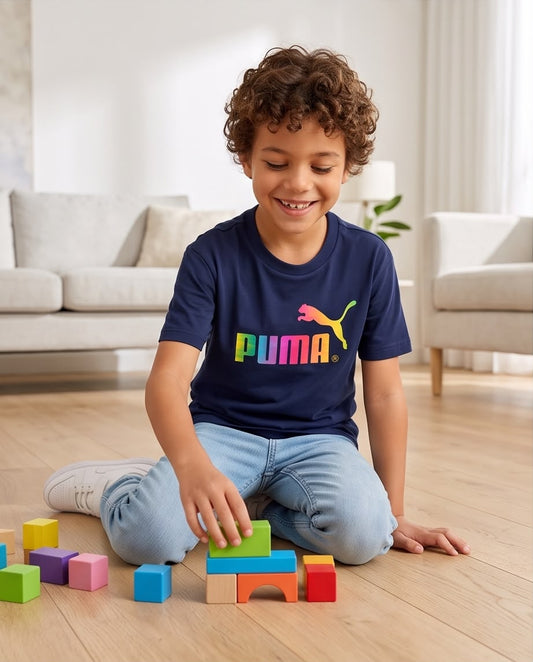 Camiseta Niño Puma Logo Multicolor Azul Navy Semi Oversize