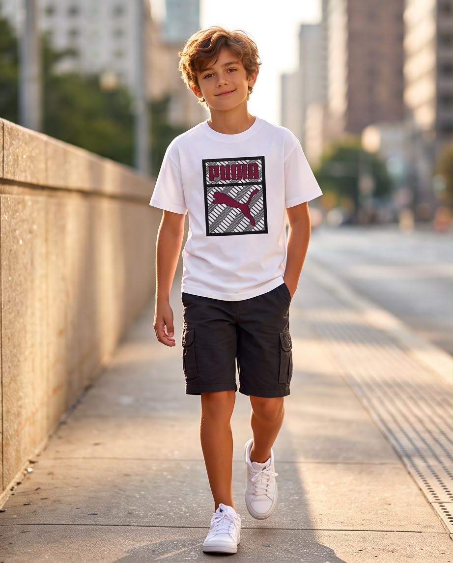 Camiseta Niño Puma Logo Vinotinto Geométrico Blanca Semi Oversize