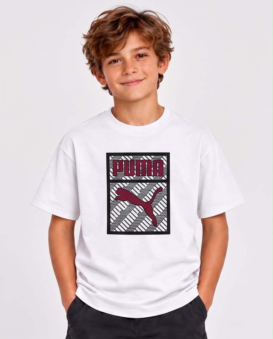 Camiseta Niño Puma Logo Vinotinto Geométrico Blanca Semi Oversize