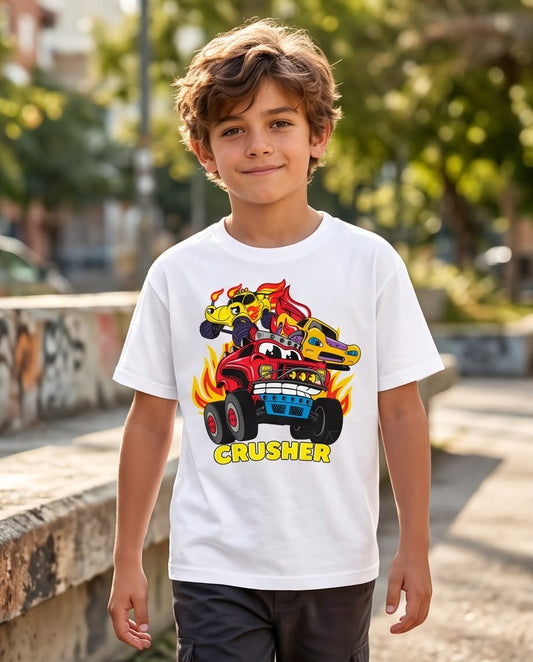 Camiseta Niño Crusher Monster Trucks Blanca Semi Oversize