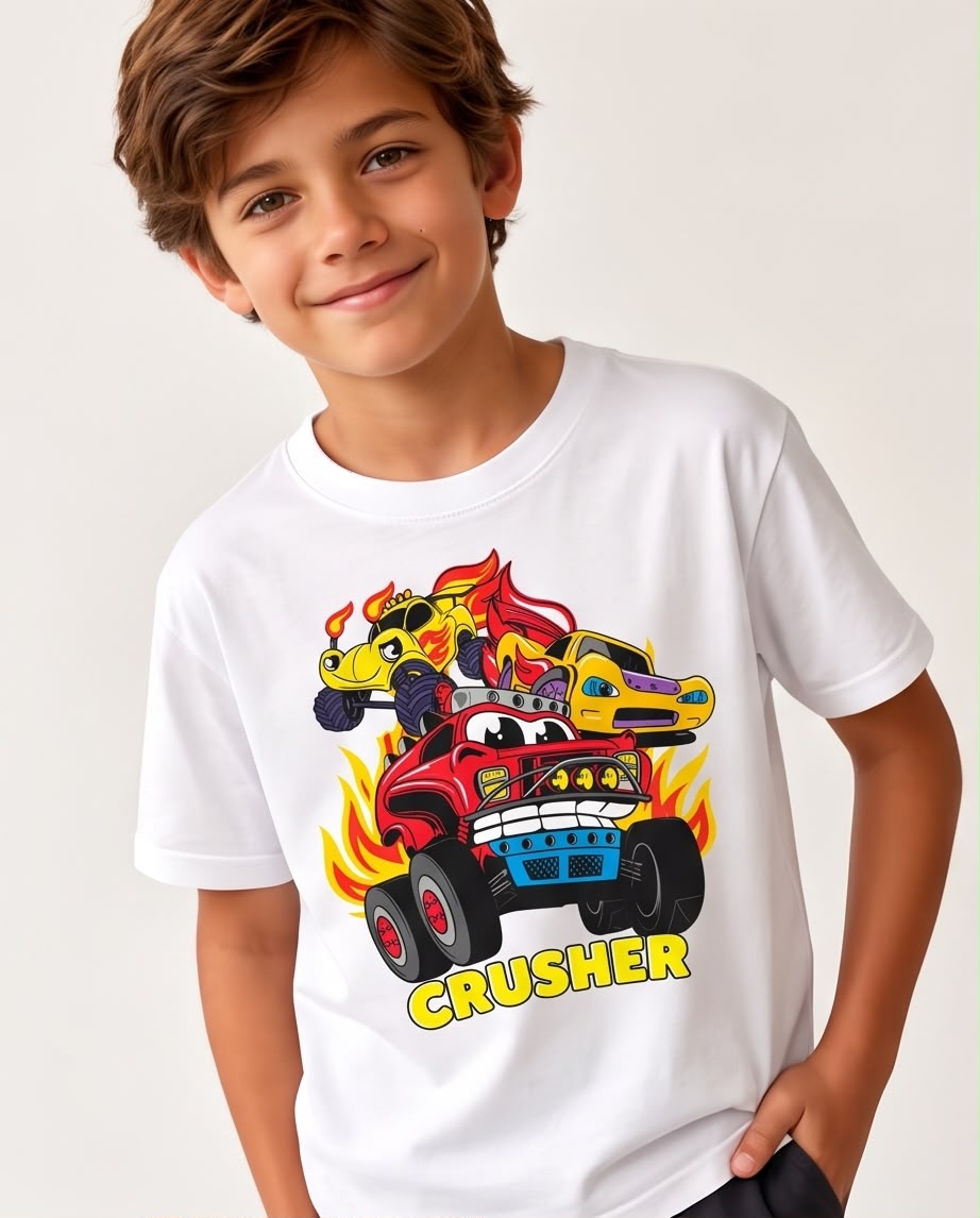Camiseta Niño Crusher Monster Trucks Blanca Semi Oversize