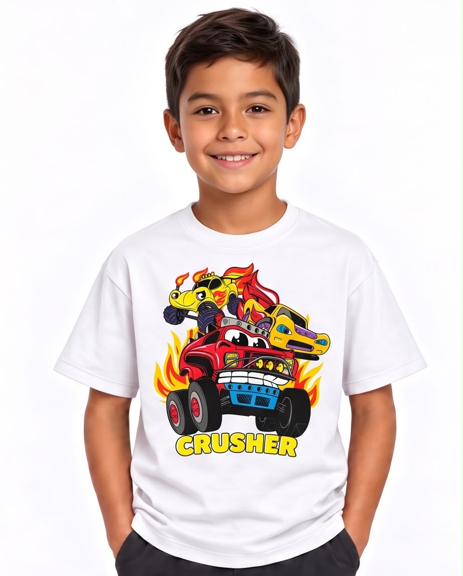 Camiseta Niño Crusher Monster Trucks Blanca Semi Oversize