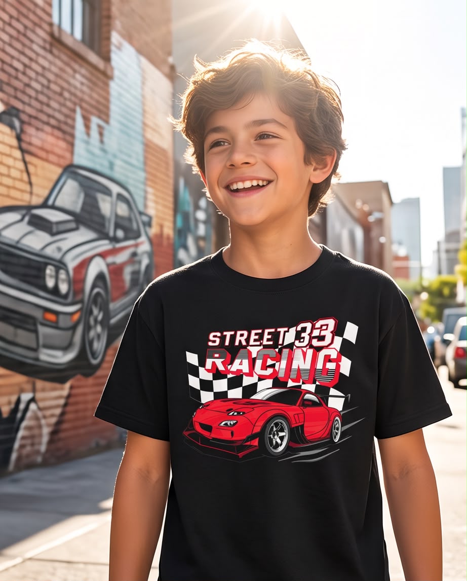 Camiseta Niño Street Racing 33 Auto Rojo Negra Semi Oversize