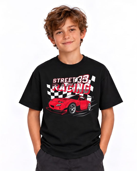 Camiseta Niño Street Racing 33 Auto Rojo Negra Semi Oversize