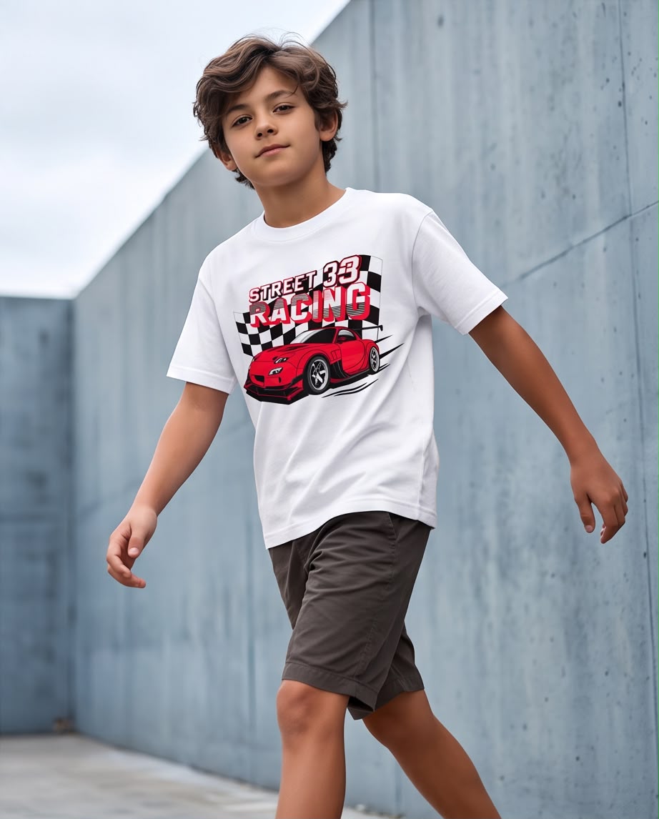 Camiseta Niño Street Racing 33 Auto Rojo Blanca Semi Oversize