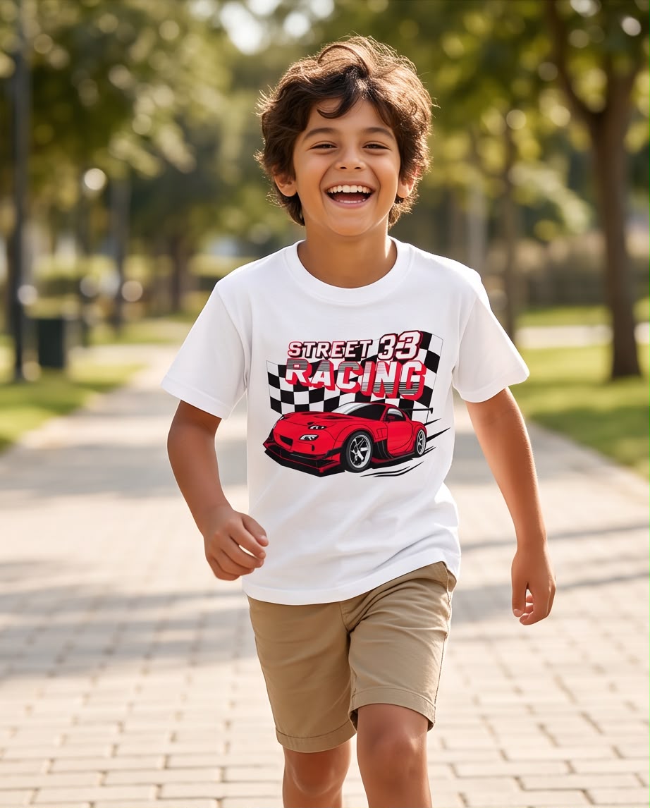 Camiseta Niño Street Racing 33 Auto Rojo Blanca Semi Oversize