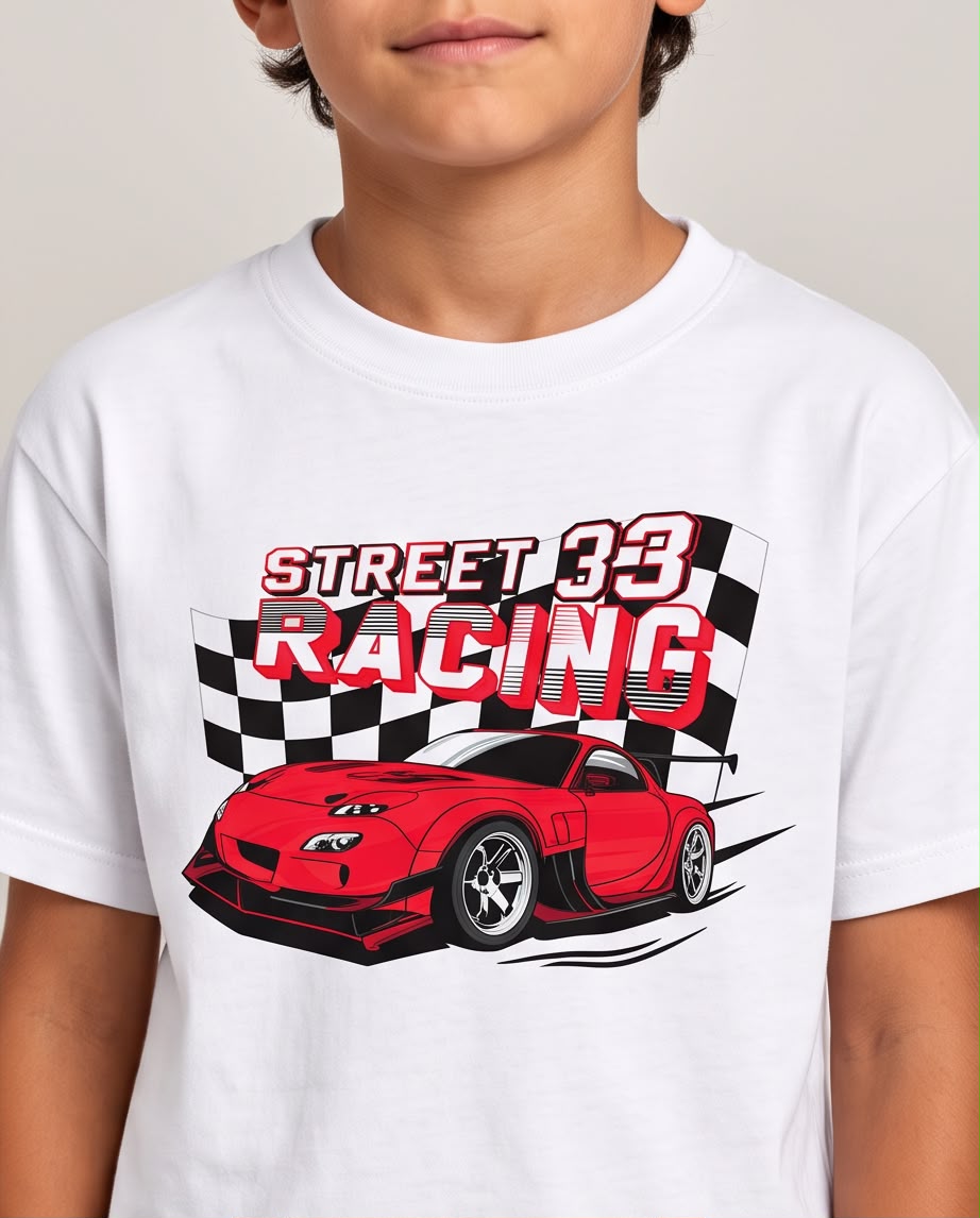Camiseta Niño Street Racing 33 Auto Rojo Blanca Semi Oversize