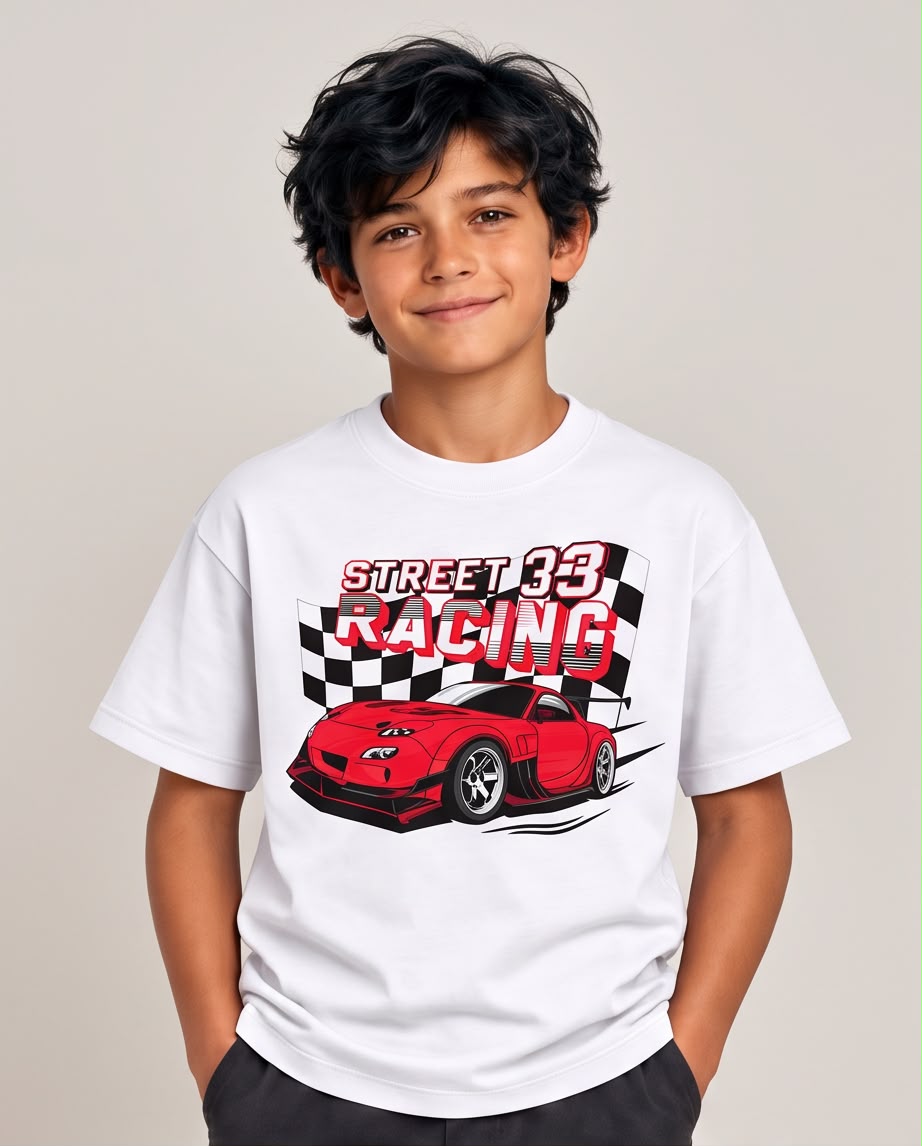 Camiseta Niño Street Racing 33 Auto Rojo Blanca Semi Oversize