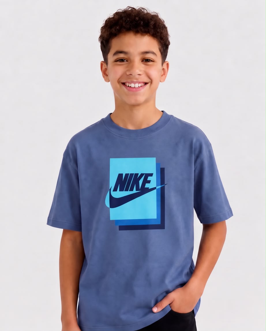 Camiseta Niño Nike Cuadros Azul Acero Semi Oversize