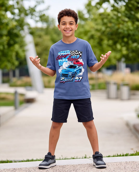 Camiseta Niño Speed 97 Autos Azul Acero Semi Oversize