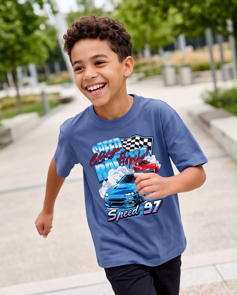 Camiseta Niño Speed 97 Autos Azul Acero Semi Oversize