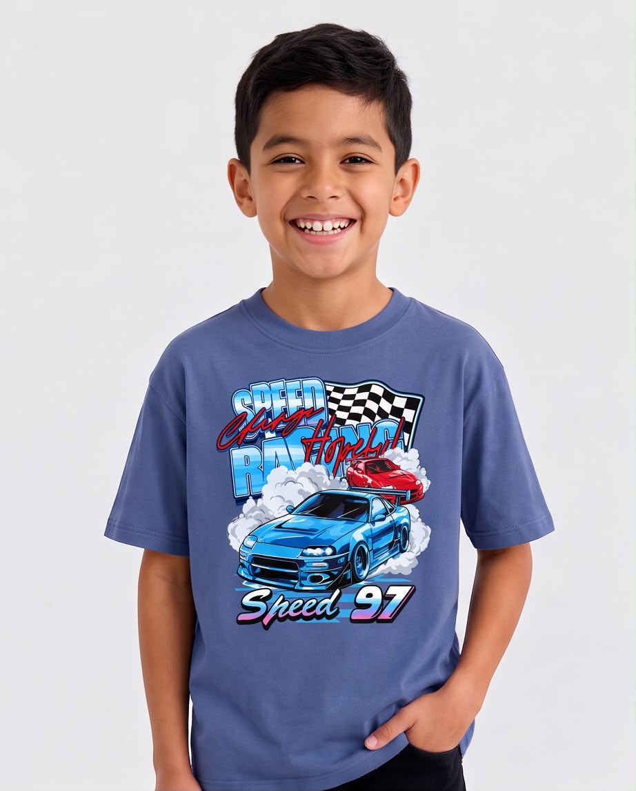 Camiseta Niño Speed 97 Autos Azul Acero Semi Oversize