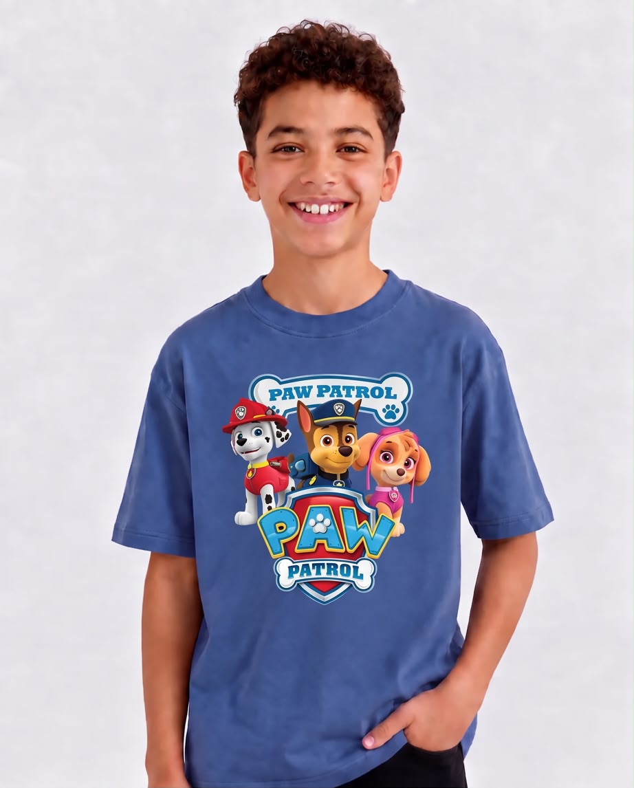 Camiseta Niño Paw Patrol Marshall Chase y Skye Azul Acero Semi Oversize