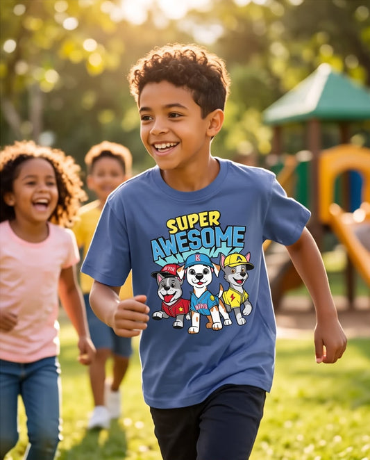 Camiseta Niño Super Awesome Perritos Azul Acero Semi Oversize