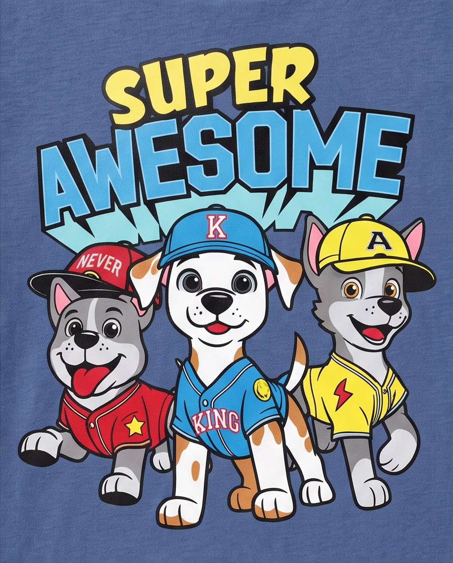 Camiseta Niño Super Awesome Perritos Azul Acero Semi Oversize