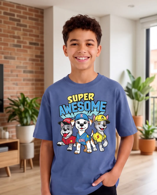 Camiseta Niño Super Awesome Perritos Azul Acero Semi Oversize
