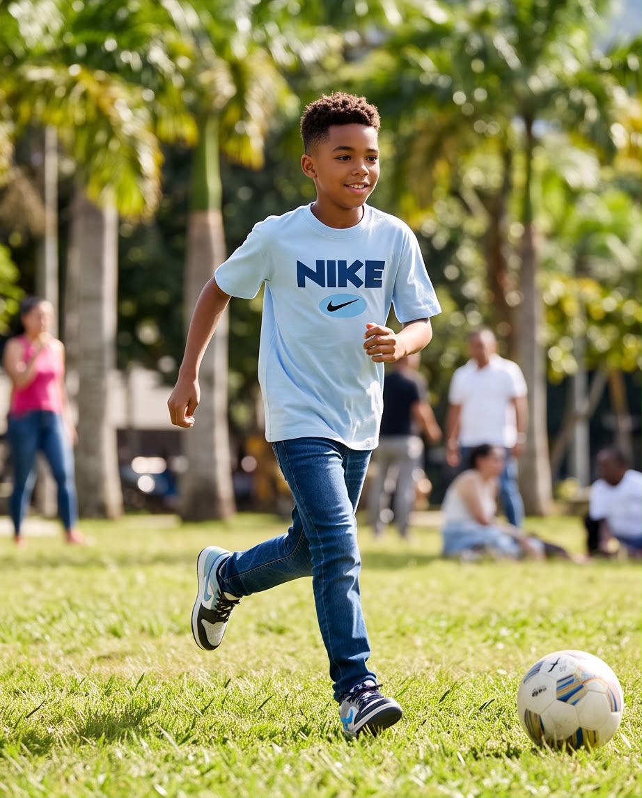 Camiseta Niño Nike Logo Óvalo Azul Cielo Semi Oversize