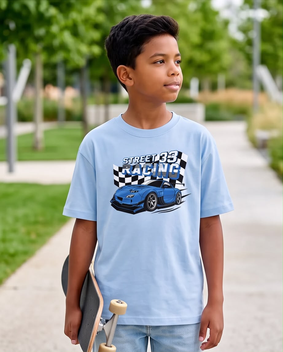 Camiseta Niño Street Racing 33 Auto Azul Azul Cielo Semi Oversize