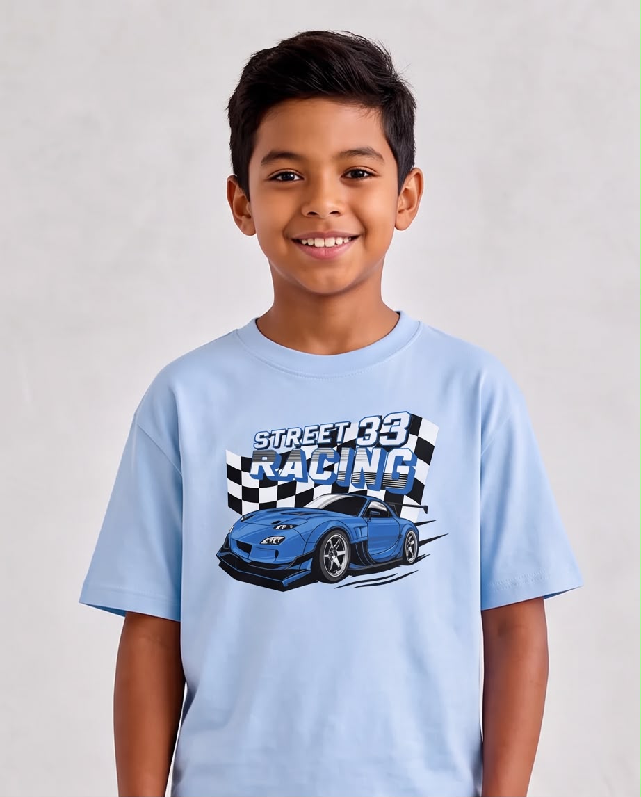 Camiseta Niño Street Racing 33 Auto Azul Azul Cielo Semi Oversize