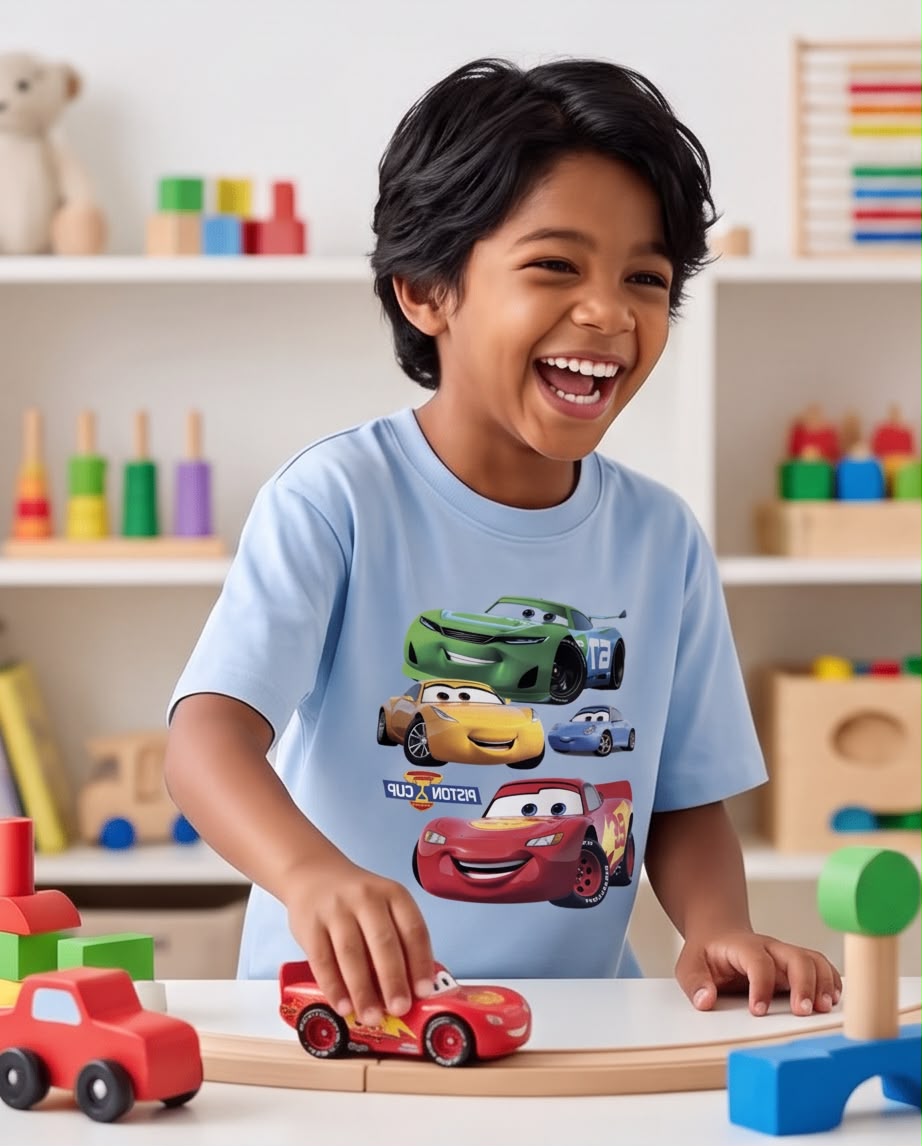 Camiseta Niño Cars Rayo McQueen y Amigos Azul Cielo Semi Oversize