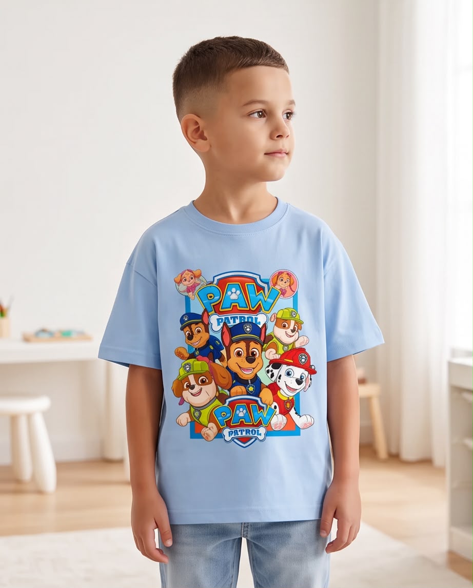 Camiseta Niño Paw Patrol Escudos y Personajes Azul Cielo Semi Oversize