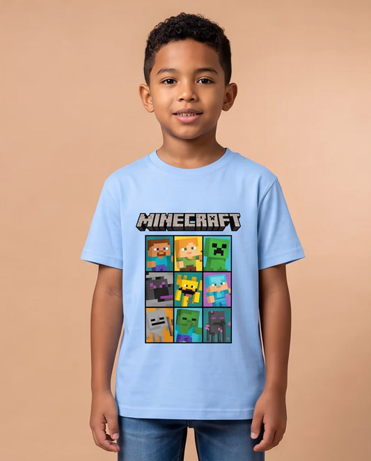 Camiseta Niño Minecraft Personajes en Cuadros Azul Cielo Semi Oversize