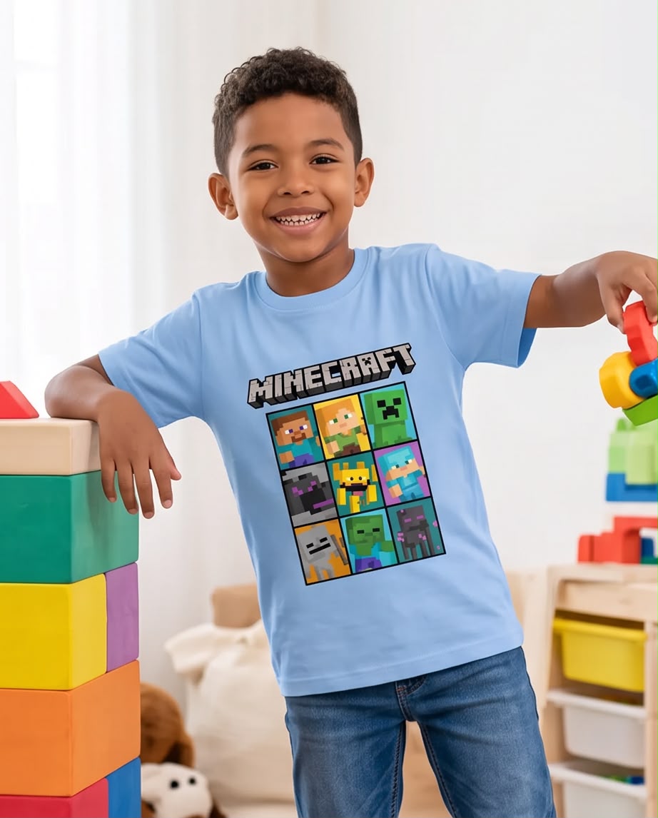 Camiseta Niño Minecraft Personajes en Cuadros Azul Cielo Semi Oversize