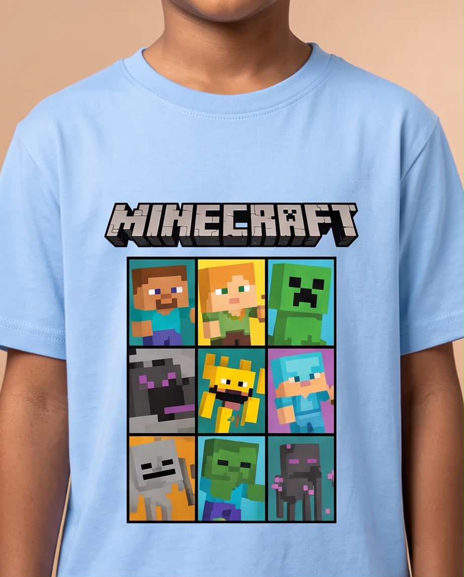 Camiseta Niño Minecraft Personajes en Cuadros Azul Cielo Semi Oversize