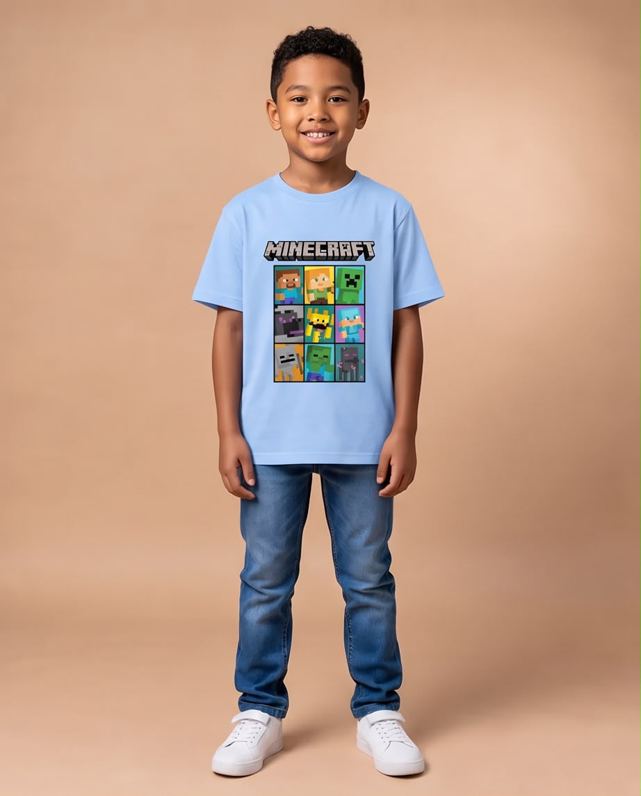 Camiseta Niño Minecraft Personajes en Cuadros Azul Cielo Semi Oversize