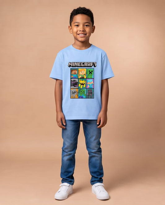 Camiseta Niño Minecraft Personajes en Cuadros Azul Cielo Semi Oversize
